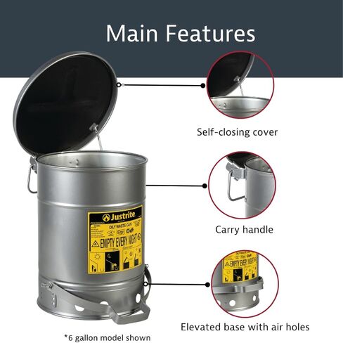 Justrite 10 Gallon Galvanized Steel Oily Waste Can, 18" x 14" Metal Oil Rag Safety Can with Quiet Foot Operated Self-Closing Lid for Oil Rag Disposal, Made in The USA, Silver, 09304 in Saudi Arabia