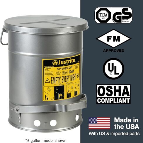 Justrite 10 Gallon Galvanized Steel Oily Waste Can, 18" x 14" Metal Oil Rag Safety Can with Quiet Foot Operated Self-Closing Lid for Oil Rag Disposal, Made in The USA, Silver, 09304 in Saudi Arabia