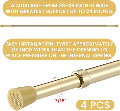 4 Pack Regular Duty Lightweight Tension Rod 7/16" Diameter Cafe Curtain Tension Rod Brass Color Small Tensions Rods Adjustable Curtain Rods(18-28inch) in Saudi Arabia