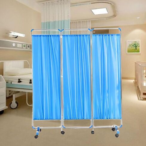 3 Panel Medical Privacy Screen Room Divider, Portable Folding Partition for Patient Rooms & Beauty Salons, Durable Iron Frame, Blue Nylon Fabric, Ideal for Healthcare & Aesthetics in Saudi Arabia