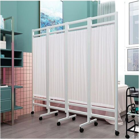 4-Panel Mobile Medical Privacy Screen Room Divider - Folding Rolling Partition for Salon & Health Rooms, Space-Saving Vertical Door Divider with Sturdy Iron Frame (White) in Saudi Arabia