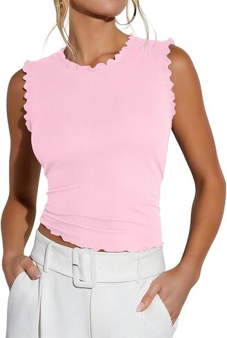 EZBELLE Women's Summer Tank Tops Ribbed Knit Ruffle Shirts Sleeveless Blouse Casual Clothes 2026 in Saudi Arabia