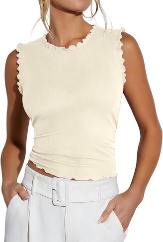 EZBELLE Women's Summer Tank Tops Ribbed Knit Ruffle Shirts Sleeveless Blouse Casual Clothes 2026 in Saudi Arabia