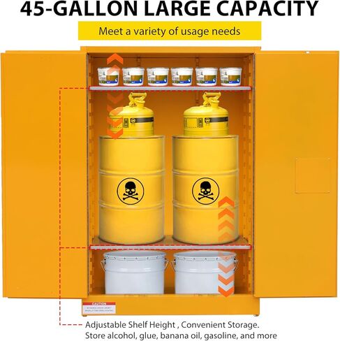 GarveeTech 45 Gallon Flammable Cabinet, 43" x 18" x 65" Galvanized Steel Safety Cabinet Fireproof Chemical Storage Cabinet with Double-Wall Steel, Lockable Manual-Close Doors for Lab Garage - Yellow in Kuwait