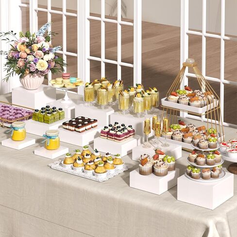 6PCS Buffet Risers with Mini Sign and Marker, Food Risers for Buffet Table, Catering Dessert Cake Stand for Party, Display Riser for Collectibles, Dessert Table Display Set, Acrylic Boxes Nesting Risers, White (5"x6"x7"8"x9"x10") in Saudi Arabia