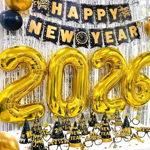 ديكورات العام الجديد 2026، لوازم حفلات رأس السنة الجديدة 2026 مع لافتة رأس السنة الجديدة السعيدة، ستائر ذات هامش فضي مقاس 32 بوصة 2026، قبعات البالونات، نظارات صانعي الضوضاء لديكورات نيويورك 2026 in Saudi Arabia