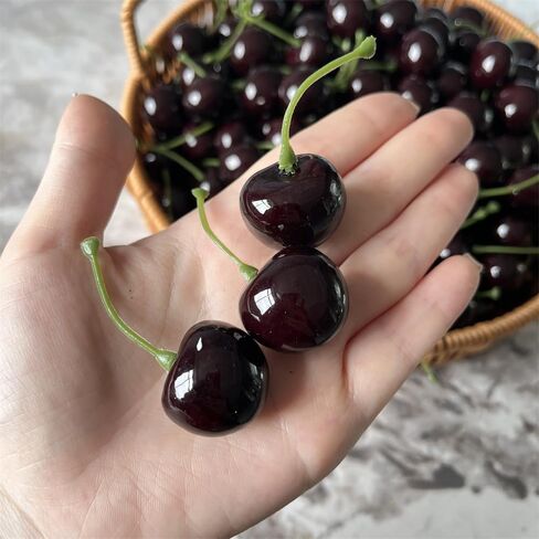 10 Pcs Red Artificial Cherries, Fake Cherry Model Lifelike Fruit Cherry Ornament, Home Kitchen Party Decoration Desk Ornament Photography Prop, Fake Cherries, Artificial Fruits (Black-Red, 2x2.5cm) in Saudi Arabia