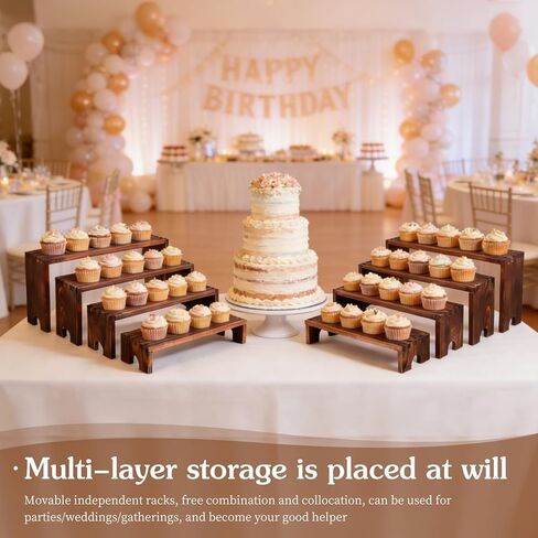 Large Wooden Tiered Display Stand, 2 Set of 4-Tier Stackable Riser for Cupcake Dessert Display, Vendor Booth Events, Farmhouse Decor, Table Food Display Stand (12.04, 11.02, 10.03, 9.05 Inch) (dark brown 8 Pack) in Saudi Arabia
