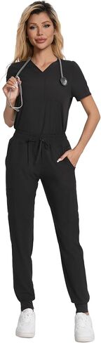 Women’s Scrub Set with 8 Pockets, Stretch V-Neck Scrub Top and Jogger Pants, Breathable Medical Uniforms in Saudi Arabia