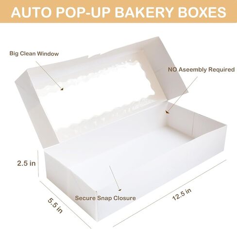 Auto-Pop Bakery Boxes with Clear Window (5 Pack) | 12.5x5.5x2.5 Food-Grade Cardboard | Collapsible for Cookies, Cupcakes & Pastries in Saudi Arabia