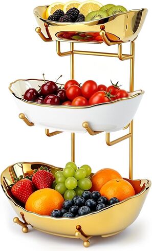 Ceramic Fruit Bowl for Kitchen Counter - 3 Tier Fruit Basket with Metal Stand, Tiered Fruit Stand for Countertop, Snack, Nuts, Cake, Dessert, Cute (Gold, Small) 1 in Kuwait