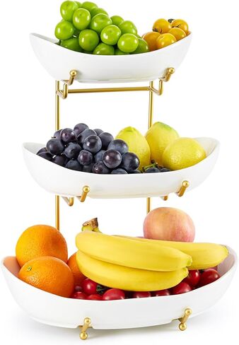 Ceramic Fruit Bowl for Kitchen Counter - 3 Tier Fruit Basket with Metal Stand, Tiered Fruit Stand for Countertop, Snack, Nuts, Cake, Dessert, Cute (Gold, Small) 1 in Kuwait