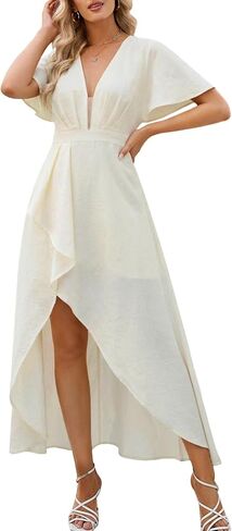 Womens Summer Short Sleeve V Neck Maxi Dress High Low Split Long Flowy Dresses Formal Cocktail Wedding Guest Dresses in Saudi Arabia