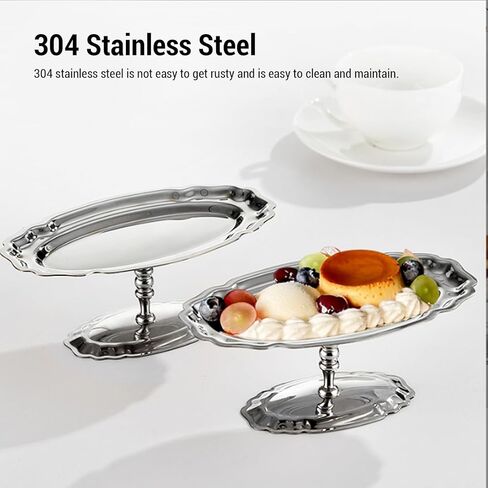 Dessert Platter with Pedestal, 304 Stainless Steel Oval Footed Display Plate for Ice Cream Pastries Fruit, Dessert Tray for Party Wedding Restaurant, 6.7 Inch by 3.9 Inch in Saudi Arabia
