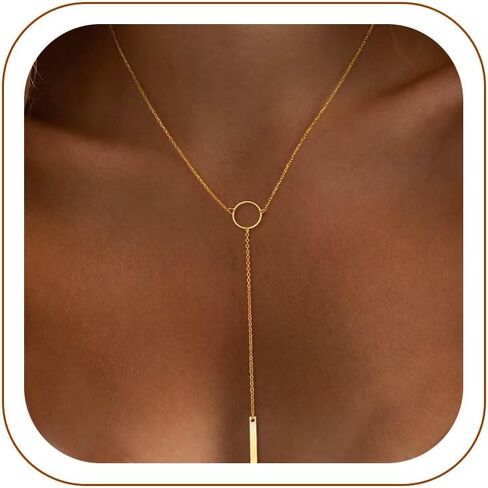 Lariat Gold Necklaces for Women Trendy, Dainty Gold Long Necklace 14k Gold Plated Y-Shaped Layered Necklaces Cz Beaded Bar Pendant Choker Necklace Drop Gold Chain Necklace Gold Jewelry Gift for Women in Saudi Arabia