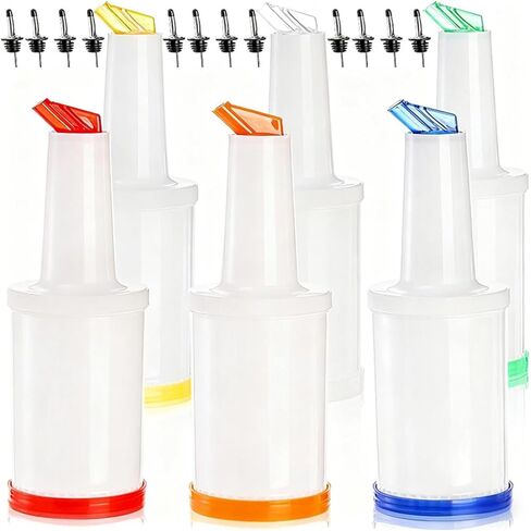 Tebery 6 Pack Plastic Juice Pour Bottles with 12 Stainless Steel Bottle Pourer, 34OZ Plastic Juice Dispensers for Bar Home Kitchen Party Supplies in Saudi Arabia