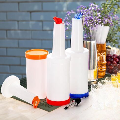 Tebery 6 Pack Plastic Juice Pour Bottles with 12 Stainless Steel Bottle Pourer, 34OZ Plastic Juice Dispensers for Bar Home Kitchen Party Supplies in Saudi Arabia