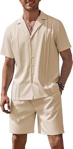 مجموعة COOFANDY الرجالية المكونة من قطعتين قصيرة من قميص Guayabera بأزرار سفلية ملابس صيفية كاجوال للشاطئ in Kuwait