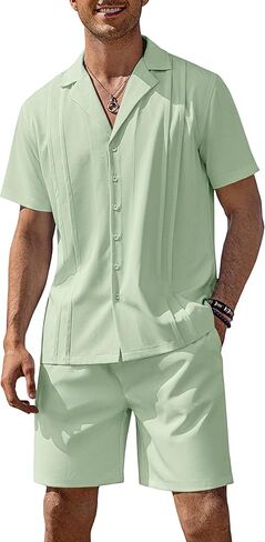 COOFANDY Mens 2 Piece Short Set Guayabera Button Down Shirt Casual Summer Beach Outfits in Kuwait
