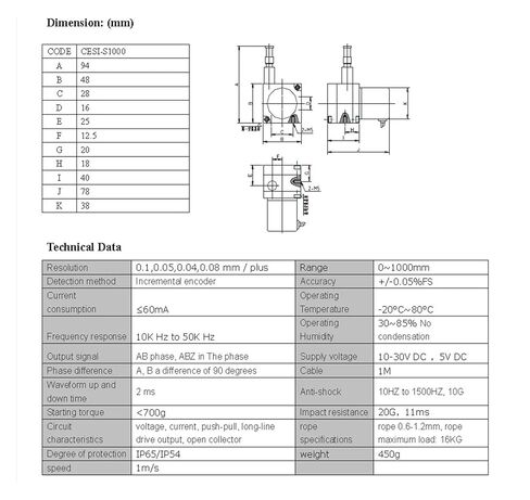 المستشعر الخطي CESI-1000 5 ~ 24V المدى 1000 مم AB مرحلتين حبل الاستشعار in Saudi Arabia