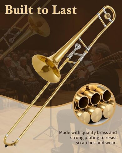 طقم ترومبون نحاسي للمبتدئين من STRICH Bb Tenor Slide Trombone مع قطعة فم 7C وقفازات بيضاء طقم تنظيف حقيبة أداء صلبة، STB-1G، ذهبي in Kuwait
