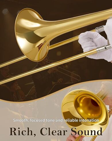 طقم ترومبون نحاسي للمبتدئين من STRICH Bb Tenor Slide Trombone مع قطعة فم 7C وقفازات بيضاء طقم تنظيف حقيبة أداء صلبة، STB-1G، ذهبي in Kuwait