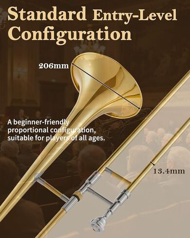 طقم ترومبون نحاسي للمبتدئين من STRICH Bb Tenor Slide Trombone مع قطعة فم 7C وقفازات بيضاء طقم تنظيف حقيبة أداء صلبة، STB-1G، ذهبي in Kuwait