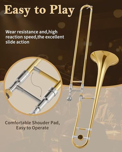 طقم ترومبون نحاسي للمبتدئين من STRICH Bb Tenor Slide Trombone مع قطعة فم 7C وقفازات بيضاء طقم تنظيف حقيبة أداء صلبة، STB-1G، ذهبي in Kuwait