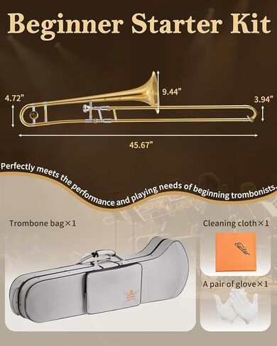 طقم ترومبون نحاسي للمبتدئين من STRICH Bb Tenor Slide Trombone مع قطعة فم 7C وقفازات بيضاء طقم تنظيف حقيبة أداء صلبة، STB-1G، ذهبي in Kuwait