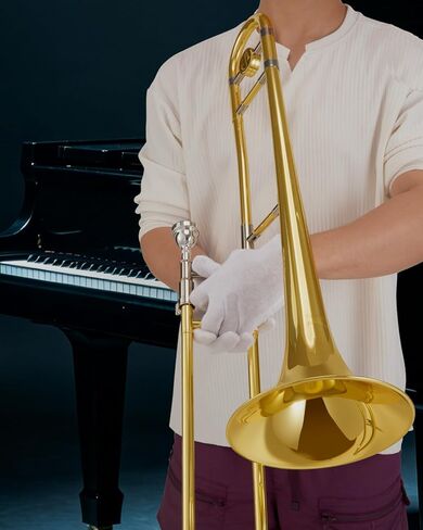 طقم ترومبون نحاسي للمبتدئين من STRICH Bb Tenor Slide Trombone مع قطعة فم 7C وقفازات بيضاء طقم تنظيف حقيبة أداء صلبة، STB-1G، ذهبي in Kuwait