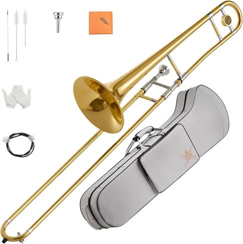 طقم ترومبون نحاسي للمبتدئين من STRICH Bb Tenor Slide Trombone مع قطعة فم 7C وقفازات بيضاء طقم تنظيف حقيبة أداء صلبة، STB-1G، ذهبي in Kuwait