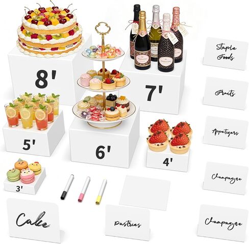 2-in-1 Buffet Risers 6 PCS Food Service Display Risers White Acrylic Risers Set - Nesting Display Stands for Wedding & Party Food Display, with Mini Signs & Markers (3"x4"x5"x6 x7 x8 ) in Saudi Arabia