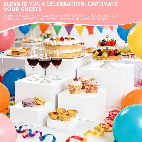 2-in-1 Buffet Risers 6 PCS Food Service Display Risers White Acrylic Risers Set - Nesting Display Stands for Wedding & Party Food Display, with Mini Signs & Markers (3"x4"x5"x6 x7 x8 ) in Saudi Arabia