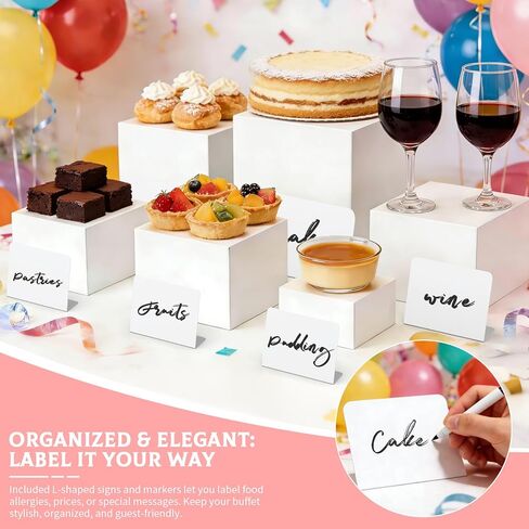 2-in-1 Buffet Risers 6 PCS Food Service Display Risers White Acrylic Risers Set - Nesting Display Stands for Wedding & Party Food Display, with Mini Signs & Markers (3"x4"x5"x6 x7 x8 ) in Saudi Arabia