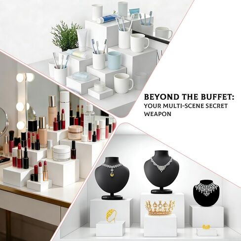 2-in-1 Buffet Risers 6 PCS Food Service Display Risers White Acrylic Risers Set - Nesting Display Stands for Wedding & Party Food Display, with Mini Signs & Markers (3"x4"x5"x6 x7 x8 ) in Saudi Arabia