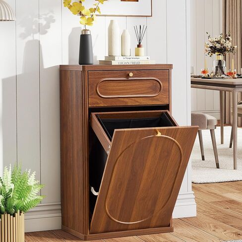 ORRD Tilt Out Trash Can Cabinet, Wood Kitchen Garbage Bin with Drawer, Fluted 10 Gallon Laundry Hamper Cabinet, Farmhouse Hidden Trash Can for Kitchen, Living Room, Natural in Saudi Arabia
