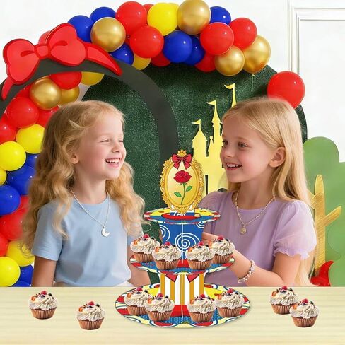 Cartoon Fairytale Birthday Cake Stand Three-Tier Cupcake Tower Princess Birthday Party Decorations Red Apple Bow and Rose Backdrop Children's Birthday Party Photo Props in Saudi Arabia