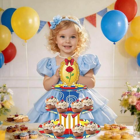 Cartoon Fairytale Birthday Cake Stand Three-Tier Cupcake Tower Princess Birthday Party Decorations Red Apple Bow and Rose Backdrop Children's Birthday Party Photo Props in Saudi Arabia