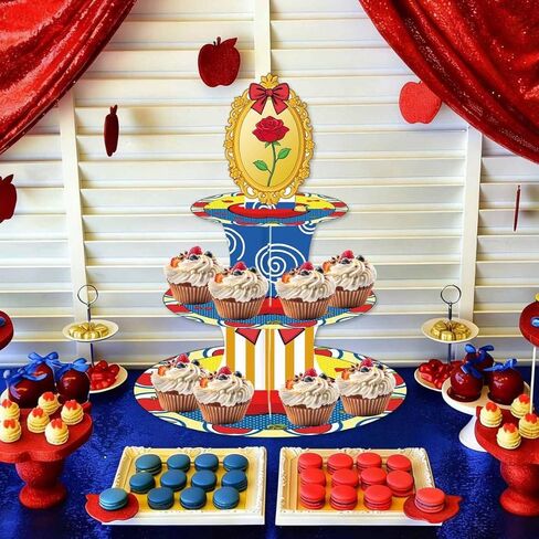 Cartoon Fairytale Birthday Cake Stand Three-Tier Cupcake Tower Princess Birthday Party Decorations Red Apple Bow and Rose Backdrop Children's Birthday Party Photo Props in Saudi Arabia