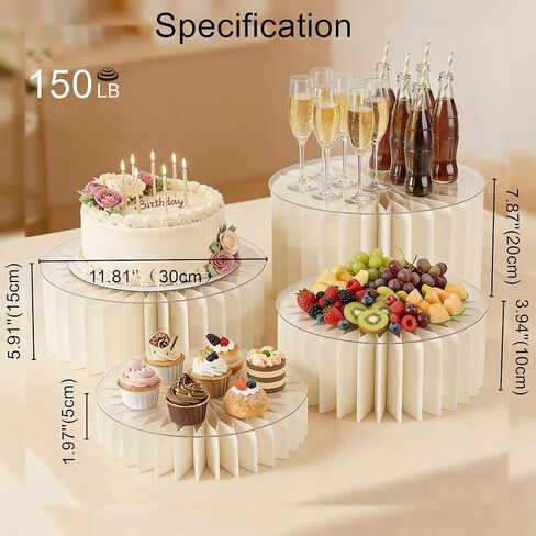 iobiotio Foldable Cake Stand Set, Reusable Buffet Risers, 4 Pack Round Dessert Stands with Acrylic Tops, Cardborad Display Stands for Weddings, Birthdays, Baby Showers, Parties, Home Decor, White in Saudi Arabia