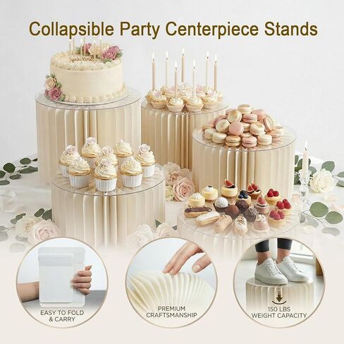 iobiotio Foldable Cake Stand Set, Reusable Buffet Risers, 4 Pack Round Dessert Stands with Acrylic Tops, Cardborad Display Stands for Weddings, Birthdays, Baby Showers, Parties, Home Decor, White in Saudi Arabia