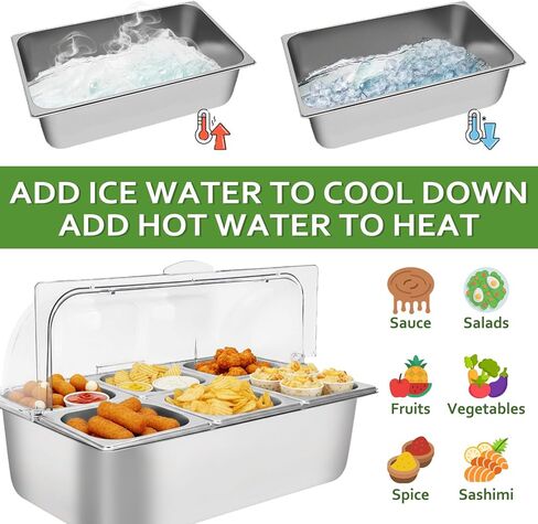 DYRABREST Countertop Food Display Container Ice Food Serving Tray 6 Pans Chilled Buffet Condiment Dispenser - Salad Dressing Appetizer Spice Fruit Cold Serving Station in Saudi Arabia