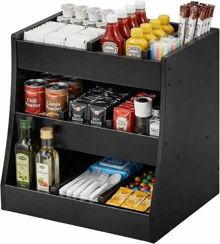 Blulu 3-tier Adjustable Condiment Organizer for Countertop Condiment Food Beverage Holder Wooden Condiments Bottle Sauce Packet Organizer Bin for Coffee Shops Restaurants Bars 14.5" x14.8" x 11.75" in Saudi Arabia