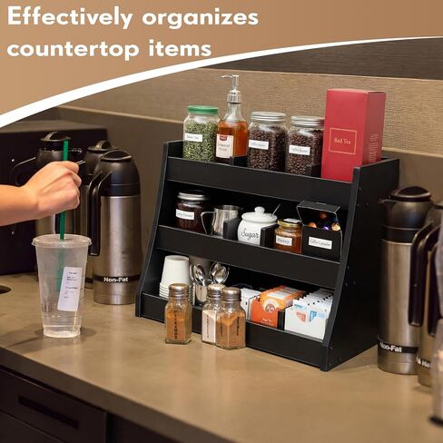 Blulu 3-tier Adjustable Condiment Organizer for Countertop Condiment Food Beverage Holder Wooden Condiments Bottle Sauce Packet Organizer Bin for Coffee Shops Restaurants Bars 14.5" x14.8" x 11.75" in Saudi Arabia