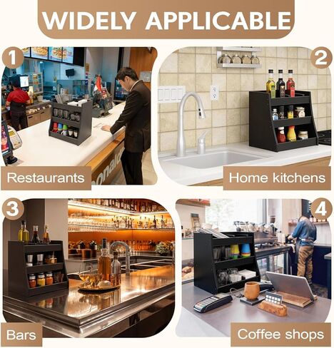Blulu 3-tier Adjustable Condiment Organizer for Countertop Condiment Food Beverage Holder Wooden Condiments Bottle Sauce Packet Organizer Bin for Coffee Shops Restaurants Bars 14.5" x14.8" x 11.75" in Saudi Arabia