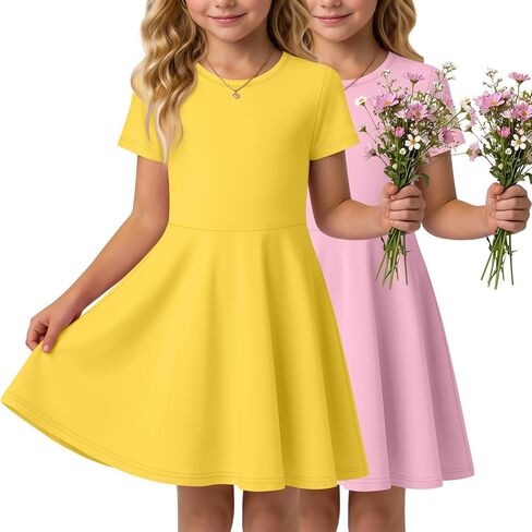 2 Pack Girls Short Sleeve Dress a Line Crewneck Twirl Casual Skater Dress for 5-14 Years Kids Summer in Saudi Arabia