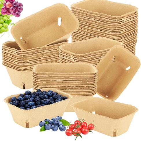 100 Pack Berry Basket, Large Strawberry Basket, Pulp Fiber Berry Basket, Produce Vented Baskets for Strawberry Blueberry Raspberry Egg Vegetable, 7.3" x 4.9" x 2.6" in Saudi Arabia