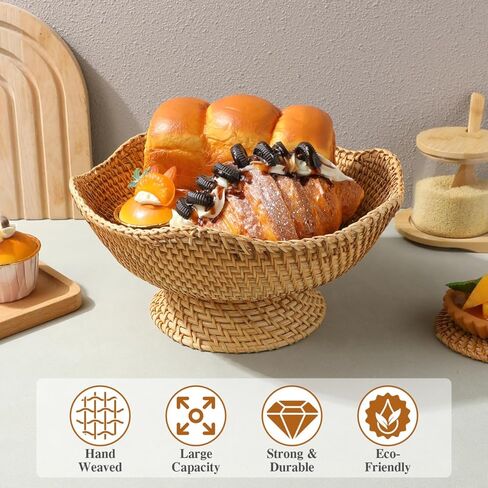 Cabilock 9.8 Inch Natural Rattan Fruit Basket Footed Woven Pedestal Bowl for Kitchen Counter Bread and Fruit Display in Saudi Arabia