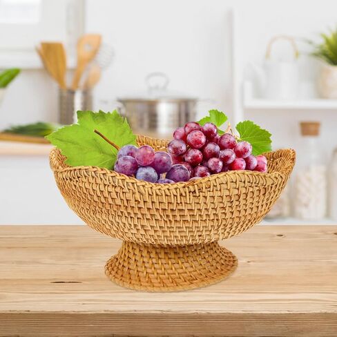Cabilock 9.8 Inch Natural Rattan Fruit Basket Footed Woven Pedestal Bowl for Kitchen Counter Bread and Fruit Display in Saudi Arabia