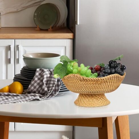Cabilock 9.8 Inch Natural Rattan Fruit Basket Footed Woven Pedestal Bowl for Kitchen Counter Bread and Fruit Display in Saudi Arabia
